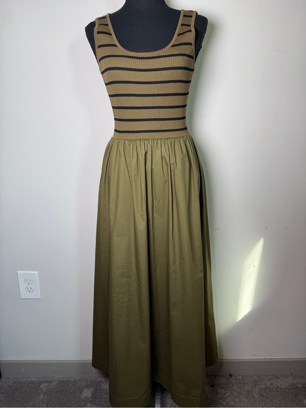 Moon River Stripe Mixed Media Stretch Olive Black Cotton Tank Maxi Dress Sz S - Picture 3 of 11